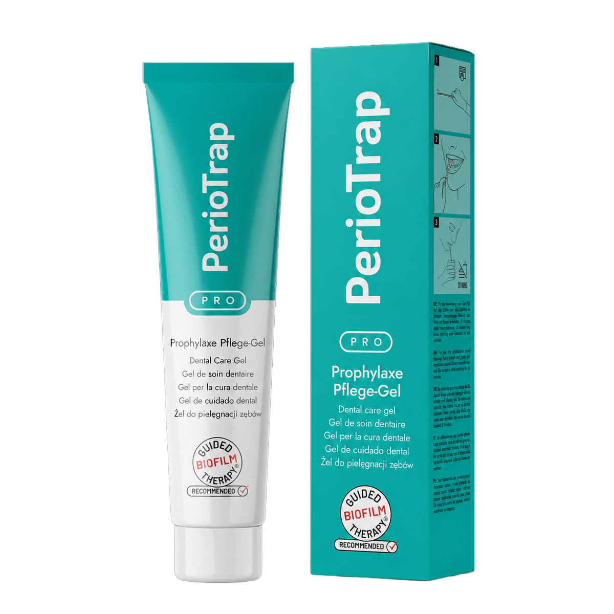 Türkisfarbene Tube und passende Faltschachtel des Produkts „PerioTrap PRO Prophylaxe Pflege-Gel“. Auf beiden Verpackungen steht die Produktbezeichnung in mehreren Sprachen (u. a. Deutsch, Englisch, Französisch) sowie ein rundes Logo mit der Aufschrift „Guided Biofilm Therapy Recommended“. Die Schachtel zeigt auf der Seite zudem eine dreistufige, illustrierte Anwendungsanleitung.